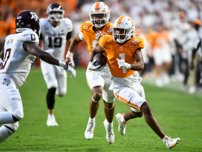 Tennessee defensive back Gabe Jeudy-Lally (1) run towards the end zone after making an interception during the NCAA college football game against Texas A&M on Saturday, October 14, 2023 in Knoxville, Tenn.