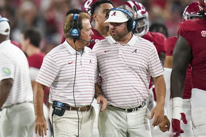 Alabama Crimson Tide head coach Nick Saban and defensive coordinator Pete Golding during the first half at Bryant-Denny Stadium. Photo | Marvin Gentry-USA TODAY Sports