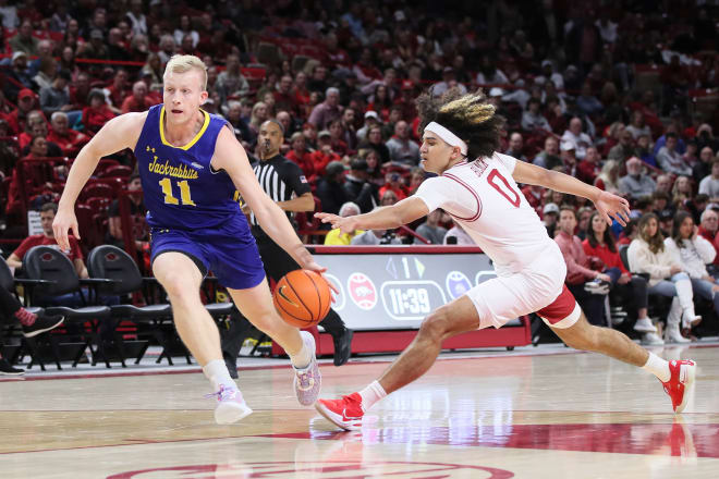 Arkansas' Anthony Black recorded five points, five rebounds, five assists and four steals in Wednesday's win over South Dakota State.