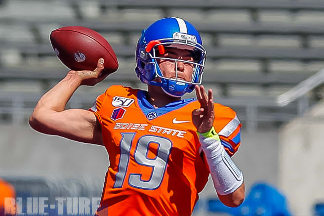 Boise State QB, Hank Bachmeier steps up to throw Saturday during the Broncos final scrimmage before starting the season against Florida State.