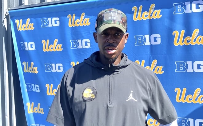 UCLA defensive line/outside linebackers coach Tony Washington Jr. addresses the media Monday after the Bruins’ ninth practice of fall camp.