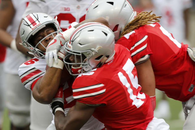 Wayne Davis (15) makes a tackle during Ohio State's Scarlet and Gray Spring Game last month in Columbus, Ohio.