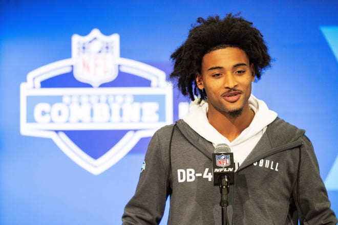 Former Clemson cornerback Nate Wiggins is shown here at the NFL Combine in Lucas Oil Stadium on February 29.