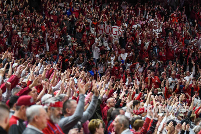 Fans in a packed Bud Walton Arena in early 2020.
