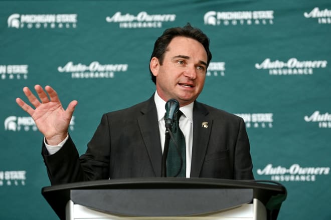 Michigan State head coach Jonathan Smith at his introductory press conference on Nov. 28, 2023. 