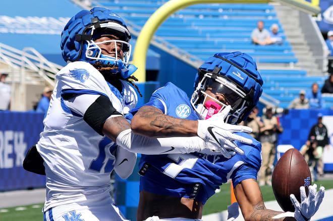 Kentucky defensive back Jaremiah Anglin broke up a pass intended for wide receiver Barion Brown in the end zone during Saturday's Blue-White Spring Game at Kroger Field.