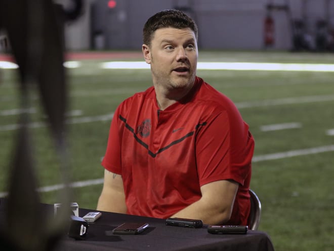 Ohio State offensive line coach Justin Frye is looking for three new starters in 2023. (Birm/DTE)