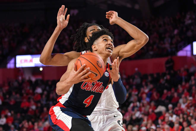 Ole Miss guard Breein Tyree drives past Georgia Nicolas Claxton during the first half of the Rebels' 80-64 win over the Bulldogs Saturday in Oxford. Tyree scored a game-high 31 points in the win.