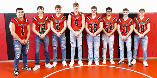 Team leaders for the 2023 West Point-Beemer football team will include (left to right) Juan Lemus (1), Brayden Doggett (12), Treven Weddle (2), Noah Ernesti (4), Colten Haber (55), Angel Perez (54), Conner Troyer (11) and Blaize Brockmann (18).