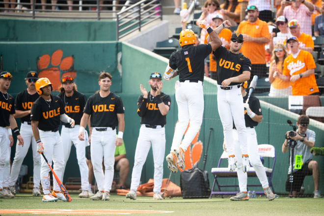 Tennessee infielder Christian Moore (1) celebrates his first home run of the game during a NCAA baseball regional game between Tennessee and Charlotte held at Doug Kingsmore Stadium in Clemson, S.C., on Sunday, June 4, 2023.