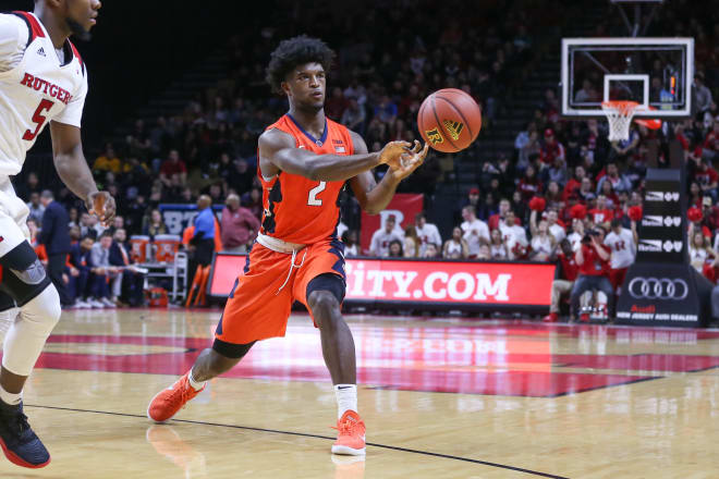 Illinois Fighting Illini forward Kipper Nichols (2) passes during the first half of the College Basketball Game between the Rutgers Scarlet Knights and the Illinois Fighting Illini on February 25, 2018, at the Louis Brown Athletic Center in Piscataway, NJ.
