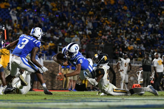 Jordan Moore dives for the end zone against N.C. A&T last season. 