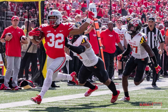 Ohio State freshman running back TreVeyon Henderson has 11 all-purpose touchdowns through six games. 