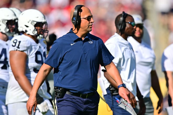 Head coach James Franklin of the Penn State Nittany Lions looks on during the third quarter against the Arkansas Razorbacks in the 2022 Outback Bowl at Raymond James Stadium on January 01, 2022 in Tampa, Florida.