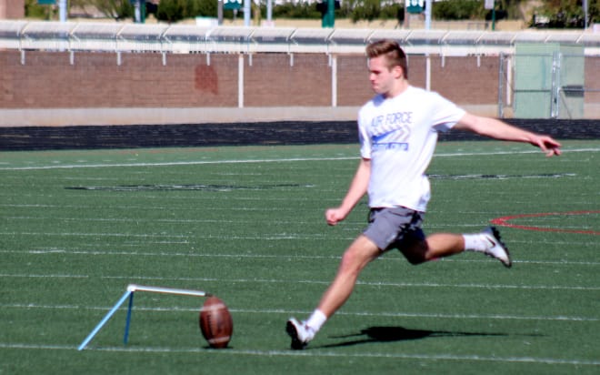 Horizon kicker Cole Johnson lining up and knocking down field goals at a Sunday practice on his home field at Horizon.  The senior signed with Air Force in December and will play in the Mountain West for the Falcons.