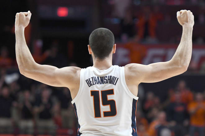  Giorgi Bezhanishvili #15 of the Illinois Fighting Illini celebrates a shot during a college basketball game against the Georgetown Hoyas at the State Farm Center on November 13, 2018 in Champaign, Illinois.