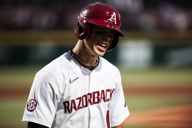 Tavian Josenberger celebrates a go-ahead home run during the Razorbacks' series-opening win over No. 16 Tennessee.
