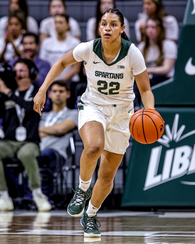 Moira Joiner for Michigan State moves the ball up the floor against Wisconsin on Jan. 11, 2023.