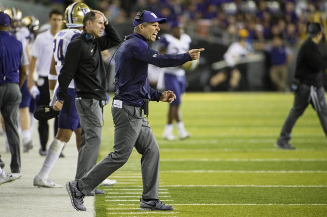 UW head coach Chris Petersen showing some frustration during 70-21 victory over Oregon: Credit Troy Wayrynen-USA TODAY Sports