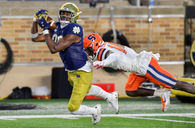 Notre Dame fifth-year senior wide receiver Javon McKinley versus Syracuse on Dec. 5, 2020