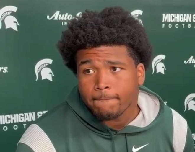 Michigan State redshirt sophomore Derrick Harmon spoke to the media on Aug. 9 about the improved depth in the defensive line room this year.
