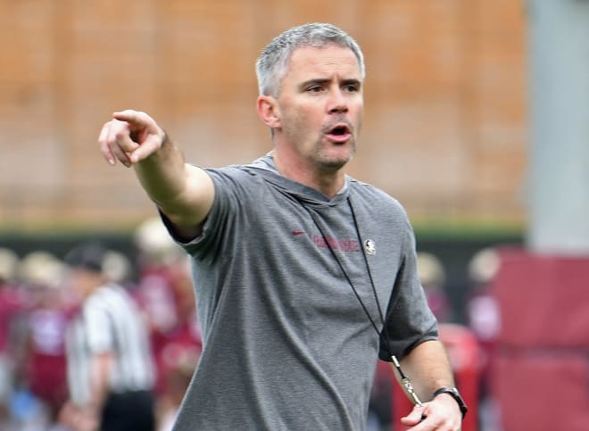 FSU football coach Mike Norvell gestures during spring practice in March.