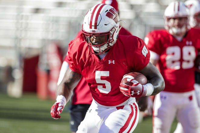 Chris James (5) works during one of Wisconsin's spring practices.