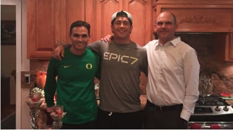 Oregon offensive coordinator Matt Lubick (left), Cyrus Habibi-Likio (center) and former Oregon coach Mark Helfrich