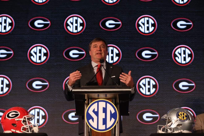 Kirby Smart speaks on Tuesday at SEC Media Days in Hoover, Ala.