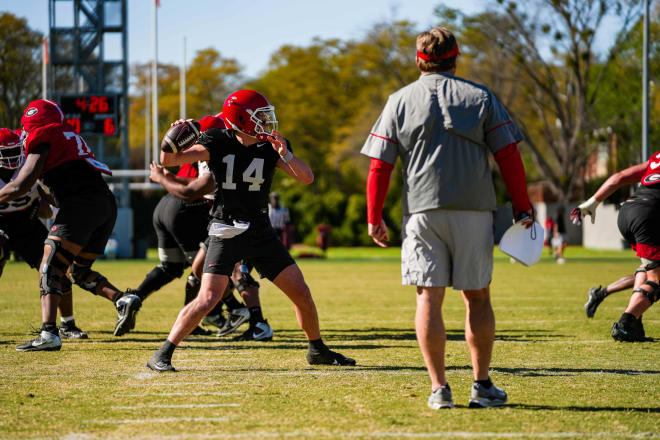 Georgia quarterback Gunner Stockton (14) during Georgia’s practice session in Athens, Ga., on Thursday, March 28, 2024. (Tony Walsh/UGAAA)