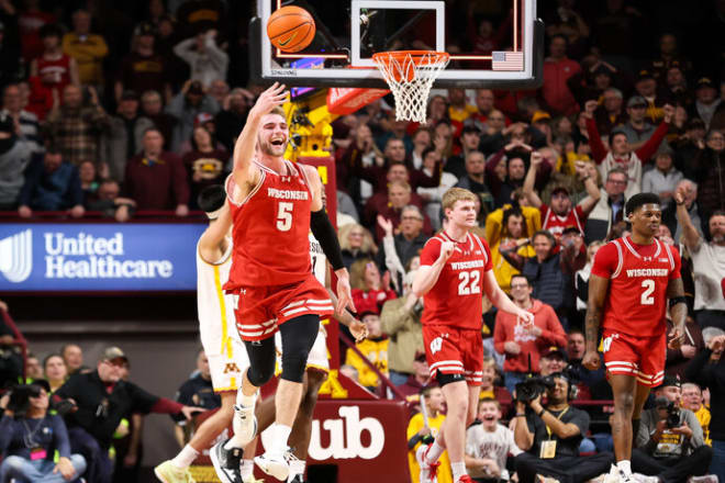 Wisconsin Badgers forward Tyler Wahl (5) celebrates the win against the Minnesota Golden Gopher