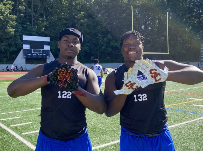 USC five-star defensive end commit Mykel Williams, left, and four-star defensive tackle target Christen Miller fresh off their USC official visit last weekend competed at the Rivals Five-Star Challenge in Atlanta on Thursday.