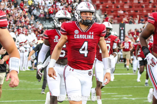 South Carolina QB Luke Doty warms up Saturday night prior to the Gamecocks' season-opener.