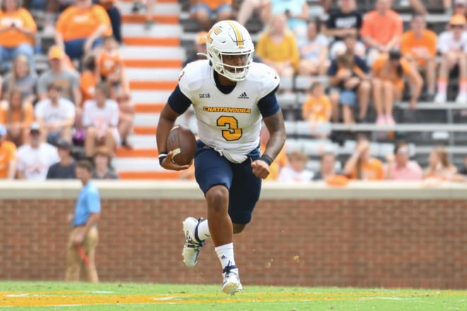 Chattanooga Mocs quarterback Drayton Arnold (3) scrambled during the Mocs' 2019 game at Tennessee.