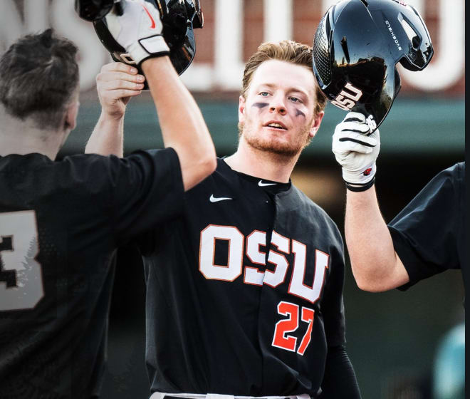 Catcher Logan Gavin (27) had two hits in OSU's season-opening win... 