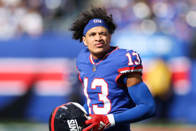 Oct 22, 2023; East Rutherford, New Jersey, USA; New York Giants wide receiver Jalin Hyatt (13) looks on during the first half against the Washington Commanders at MetLife Stadium.