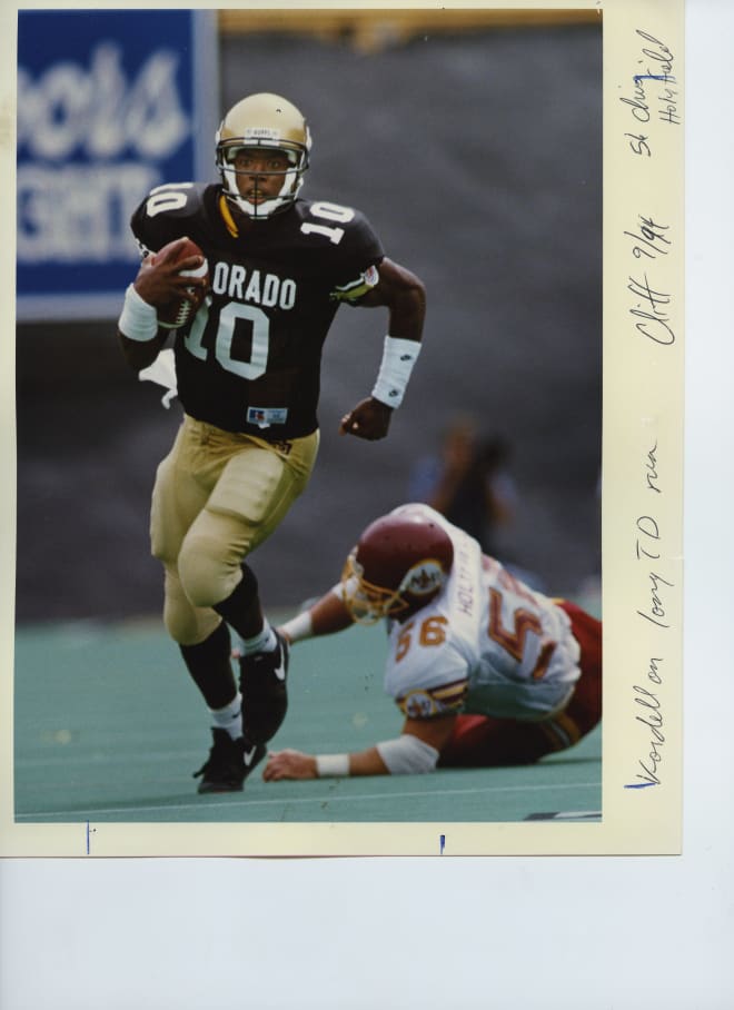 Kordell Stewart runs for a touchdown in the 1994 season opener at Folsom Field against Northeast Louisiana on Sept. 3.