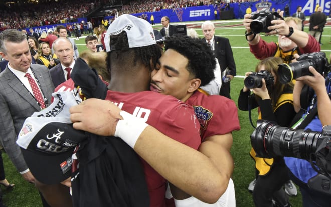 Alabama quarterback Bryce Young (9) hugs Alabama linebacker Will Anderson Jr. (31) after the 2022 Sugar Bowl at Caesars Superdome. Photo | Gary Cosby Jr.-USA TODAY Sports