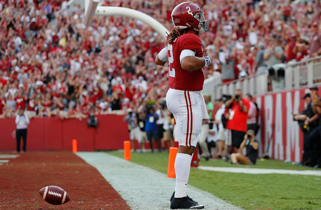 TUSCALOOSA, AL - SEPTEMBER 16: Jalen Hurts #2 of the Alabama Crimson Tide reacts after rushing for a touchdown against the Colorado State Rams at Bryant-Denny Stadium on September 16, 2017 in Tuscaloosa, Alabama. (Photo by Kevin C. Cox/Getty Images)