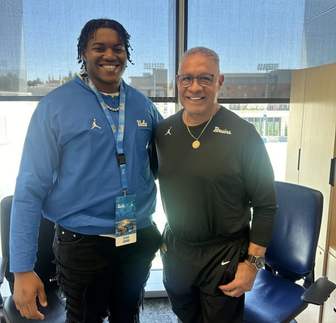 Ziyare Addison, left, seen here during his most recent trip to UCLA alongside offensive line coach Juan Castillo, is among a massive group of offensive linemen on an official visit to Westwood this weekend.