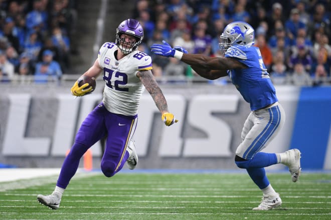Tight end Kyle Rudolph caught two touchdown passes in a win over the Detroit Lions.