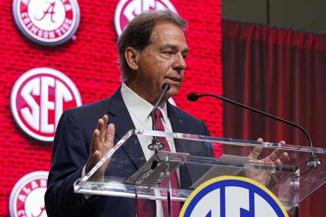 Alabama head coach Nick Saban talks to the media during SEC Media Days at the College Football Hall of Fame. Photo | Dale Zanine-USA TODAY Sports