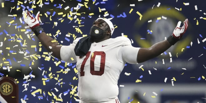 Alabama offensive lineman Alex Leatherwood. Photo | Getty Images