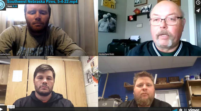Joining me for today's Zoom conference to discuss the wildfires which terrorized southwest and south central Nebraska are these three high school coaches (counter clockwise from upper left) Christian Arterburn, Southwest High School; Catlin Rice, Cambridge High School; and Dustin Kronhofman, Arapahoe High School.