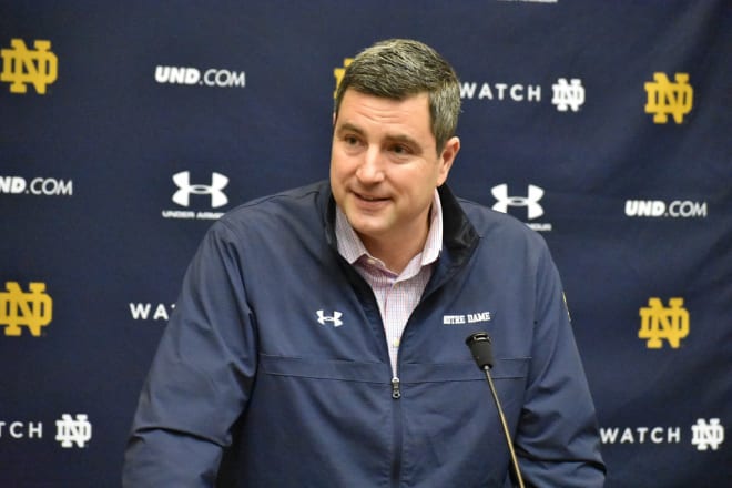 Former Notre Dame D-line coach Mike Elston at a mid-December press conference.