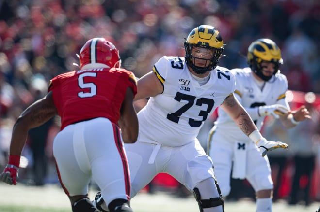 Michigan Wolverines football right tackle Jalen Mayfield is the only offensive line starter U-M will be returning in 2020.