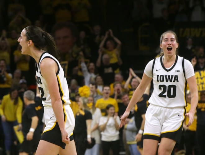Iowa s Caitlin Clark (22) and Kate Martin (20) react during the game against Indiana Saturday, Jan. 13, 2024 at Carver-Hawkeye Arena in Iowa City, Iowa.