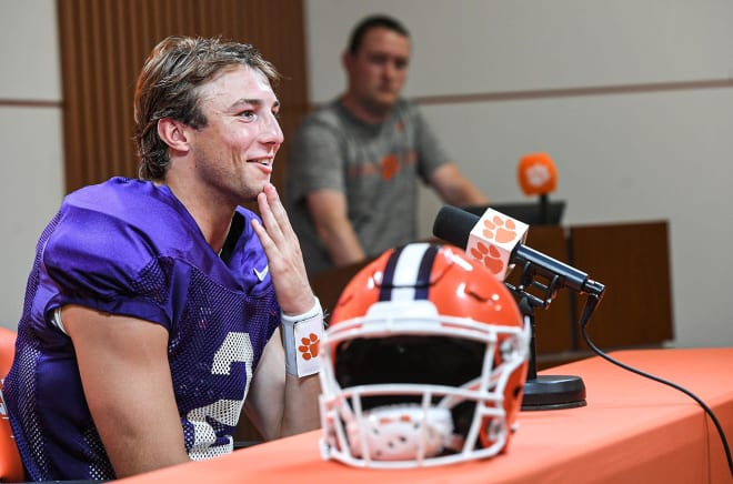 Clemson starting quarterback Cade Klubnik is shown here Tuesday fielding questions from the media at the Smart Family Media Center in Clemson.