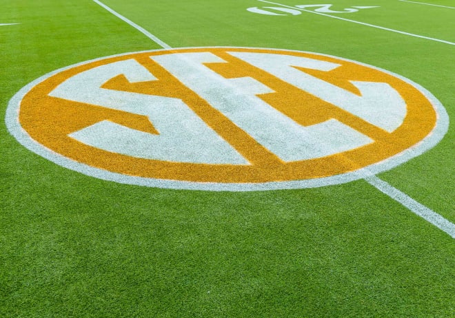 The SEC logo on the field at Neyland Stadium before a game between the Tennessee Volunteers and Alabama Crimson Tide. Mandatory Credit: Bryan Lynn-USA TODAY Sports