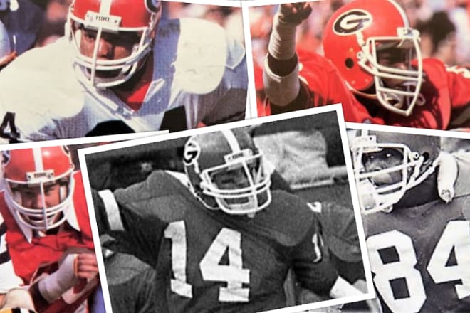 Headlined by (clockwise from top-left) Herschel Walker, Freddie Gilbert, Clarence Kay, Terry Hoage, and Tommy Thurson, Georgia’s 1980 signing class is regarded by many as the greatest in school history—and primarily because of the class’ 43-4-1 overall record. Yet, beyond the sparkling four-year mark it achieved, more than half of the ’80 class would become starters for the Bulldogs, nearly 20 percent would be named First Team All-SEC, and more than a quarter would reach the NFL. 